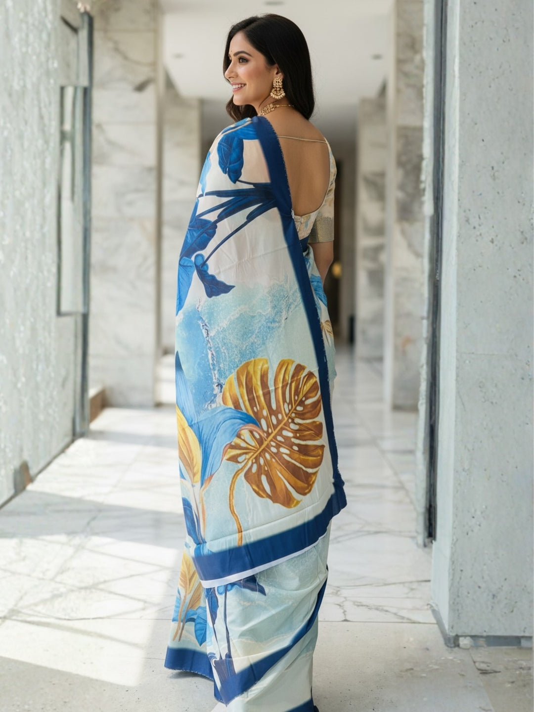 Zamuna Women White, Blue & Golden Satin Crepe Floral Digital Print Saree – The Essence of Royal Elegance