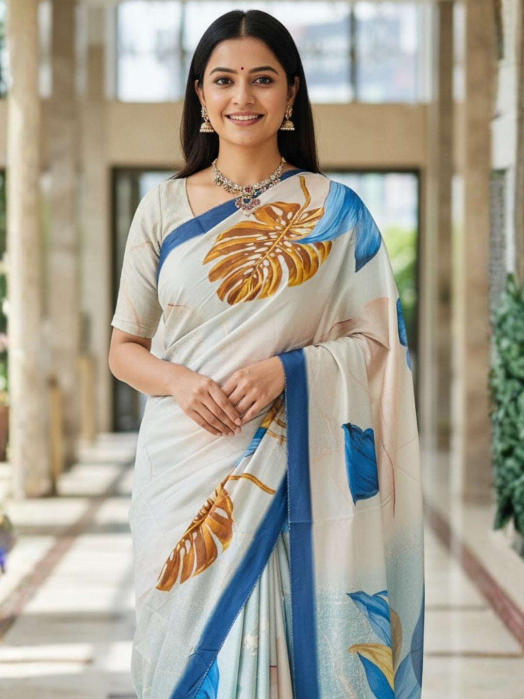 Zamuna Women White, Blue & Golden Satin Crepe Floral Digital Print Saree – The Essence of Royal Elegance