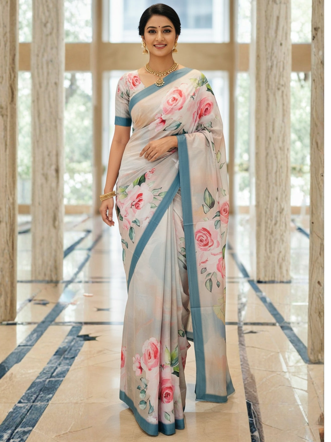 Zamuna Women Cream & Blue Satin Crepe Floral Digital Print Saree – A Symphony of Elegance and Artistry
