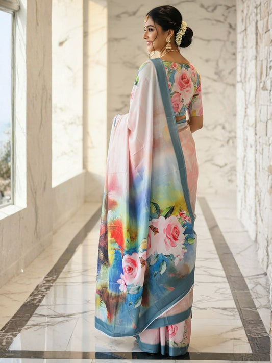 Zamuna Women Cream & Blue Satin Crepe Floral Digital Print Saree – A Symphony of Elegance and Artistry