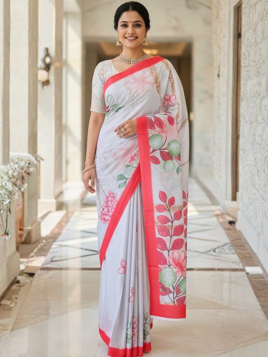 Zamuna Women White Satin Crepe Floral Digital Print Saree – Eternal Elegance in Every Fold