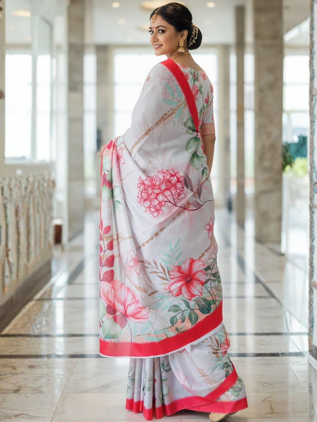 Zamuna Women White Satin Crepe Floral Digital Print Saree – Eternal Elegance in Every Fold