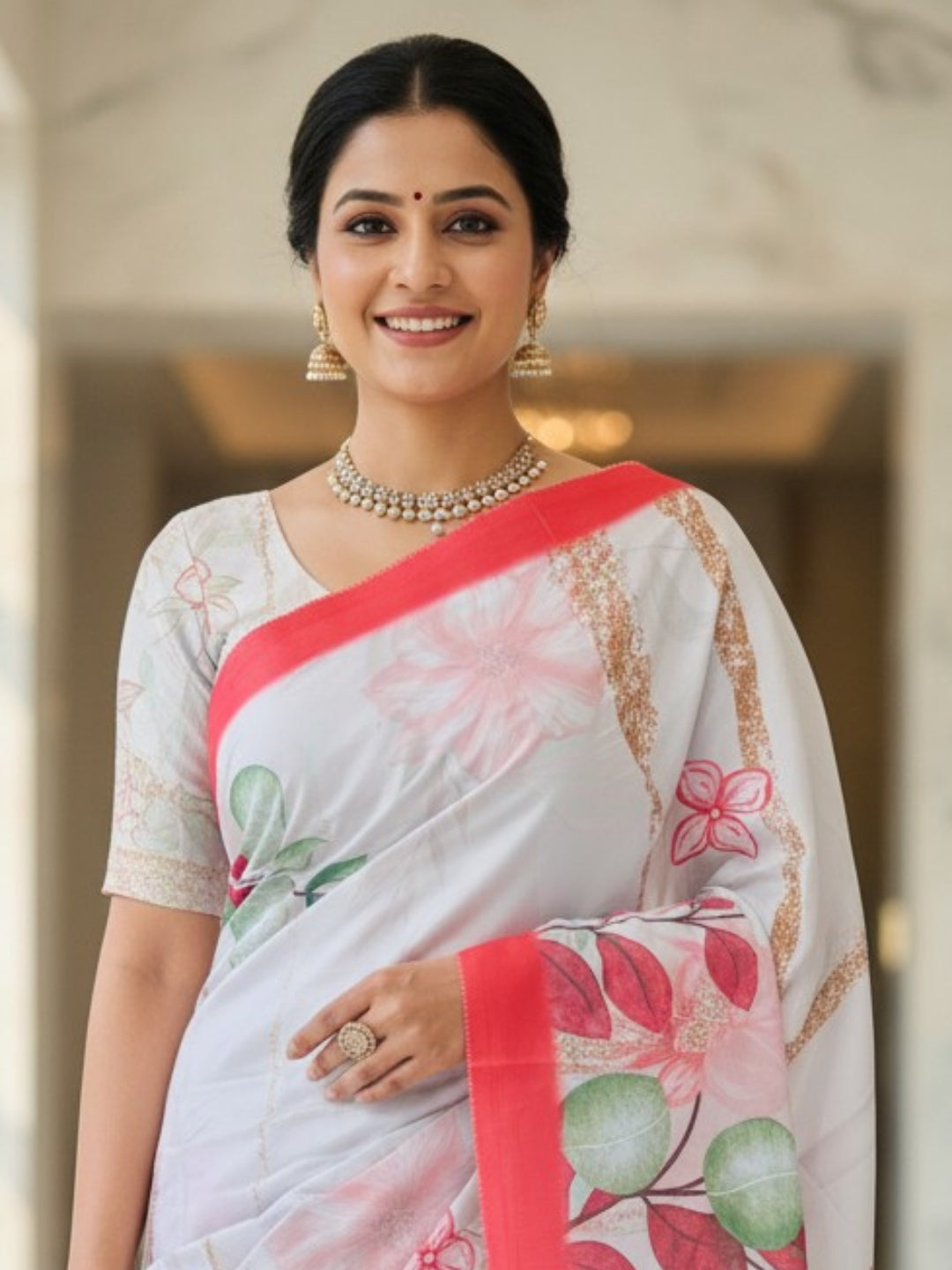 Zamuna Women White Satin Crepe Floral Digital Print Saree – Eternal Elegance in Every Fold