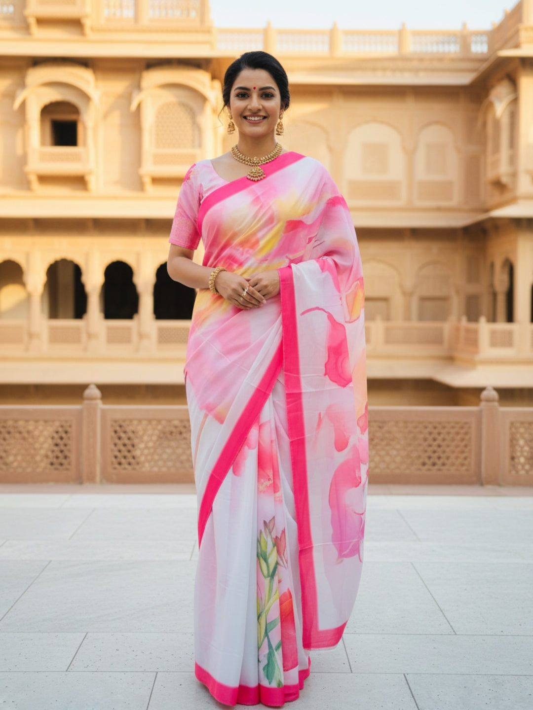 Zamuna Women Pink Satin Crepe Floral Digital Print Saree – Grace Wrapped in Pastel Charm