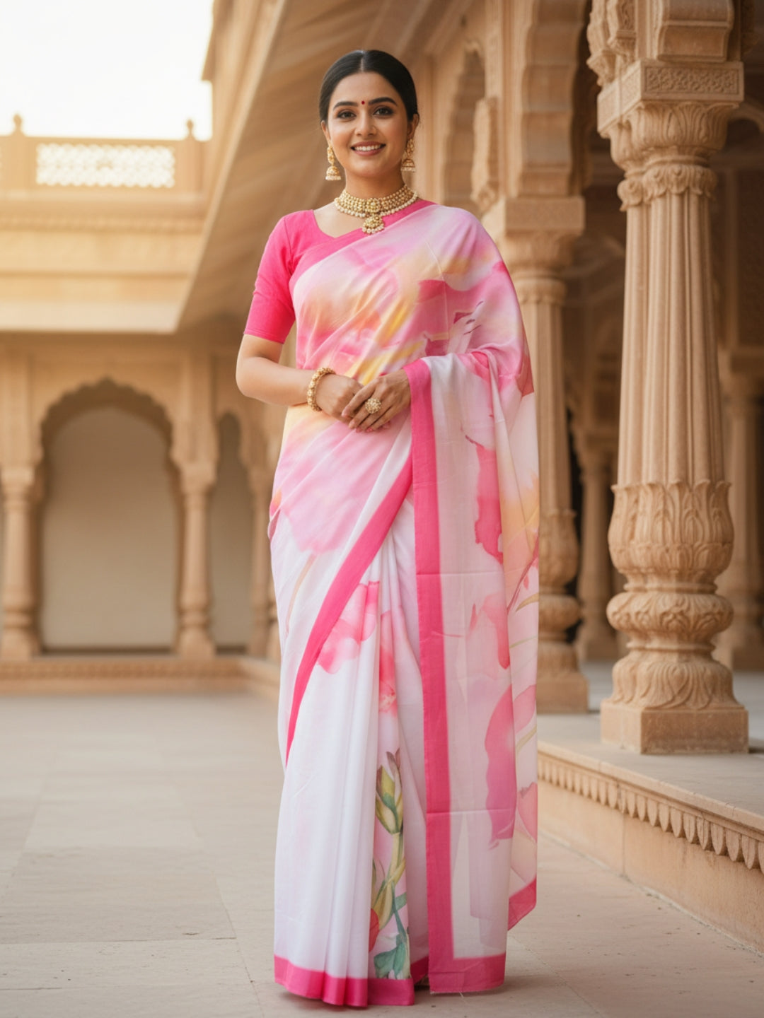 Zamuna Women Pink Satin Crepe Floral Digital Print Saree – Grace Wrapped in Pastel Charm