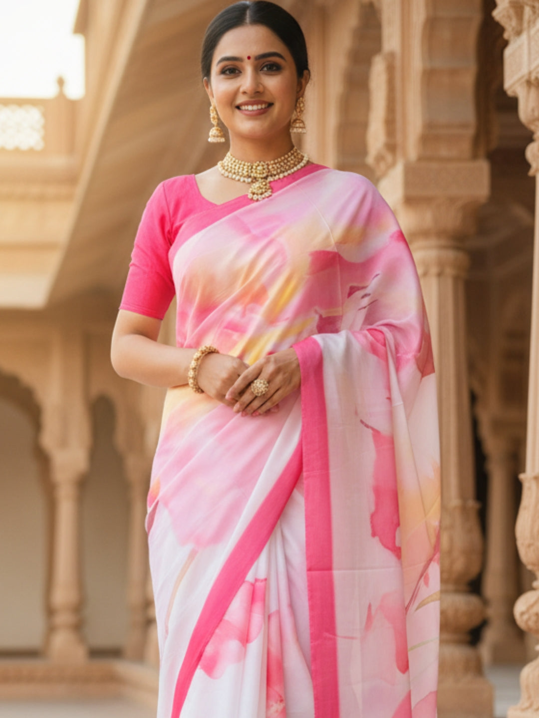 Zamuna Women Pink Satin Crepe Floral Digital Print Saree – Grace Wrapped in Pastel Charm