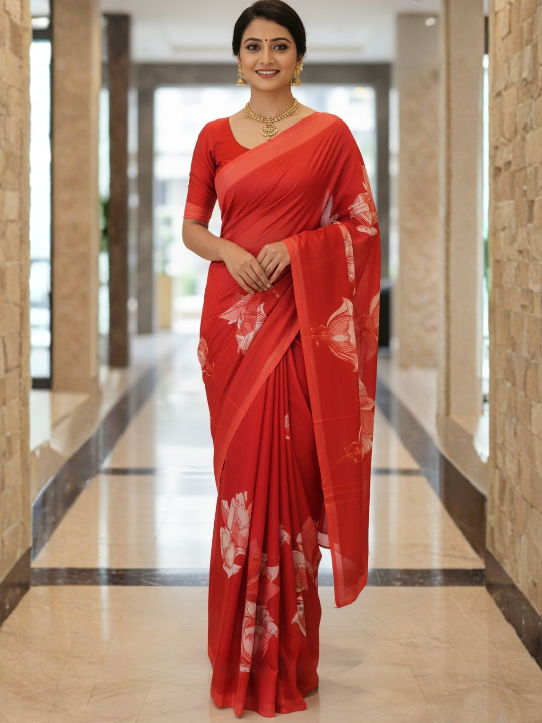 Zamuna Women Red Satin Crepe Floral Digital Print Saree – Timeless Elegance in Every Drape