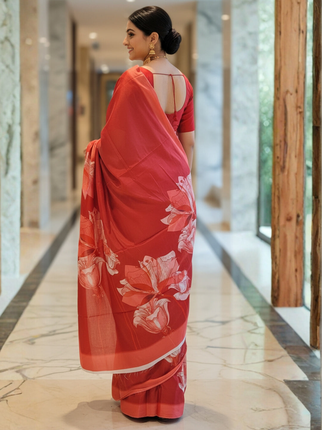 Zamuna Women Red Satin Crepe Floral Digital Print Saree – Timeless Elegance in Every Drape