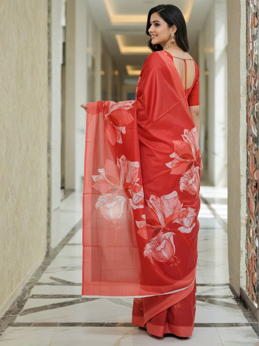 Zamuna Women Red Satin Crepe Floral Digital Print Saree – Timeless Elegance in Every Drape