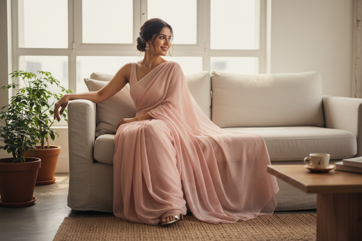 Lifestyle image of a woman wearing a cotton or georgette saree (natural, editorial look)