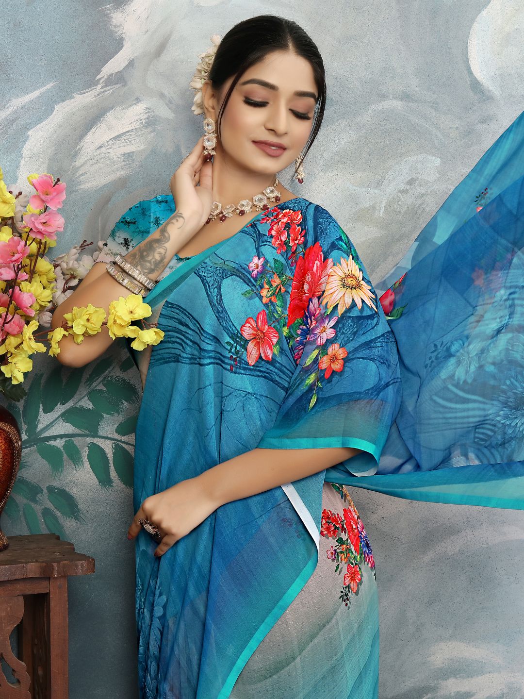 ZAMUNA Blue Georgette Floral Digital Print Saree with Blouse Piece – Stunning Evening & Celebration Wear