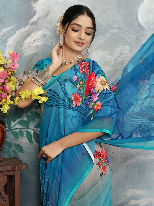 ZAMUNA Blue Georgette Floral Digital Print Saree with Blouse Piece – Stunning Evening & Celebration Wear