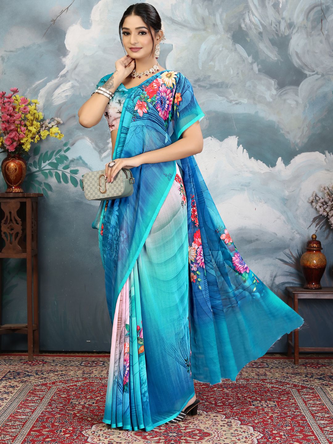 ZAMUNA Blue Georgette Floral Digital Print Saree with Blouse Piece – Stunning Evening & Celebration Wear