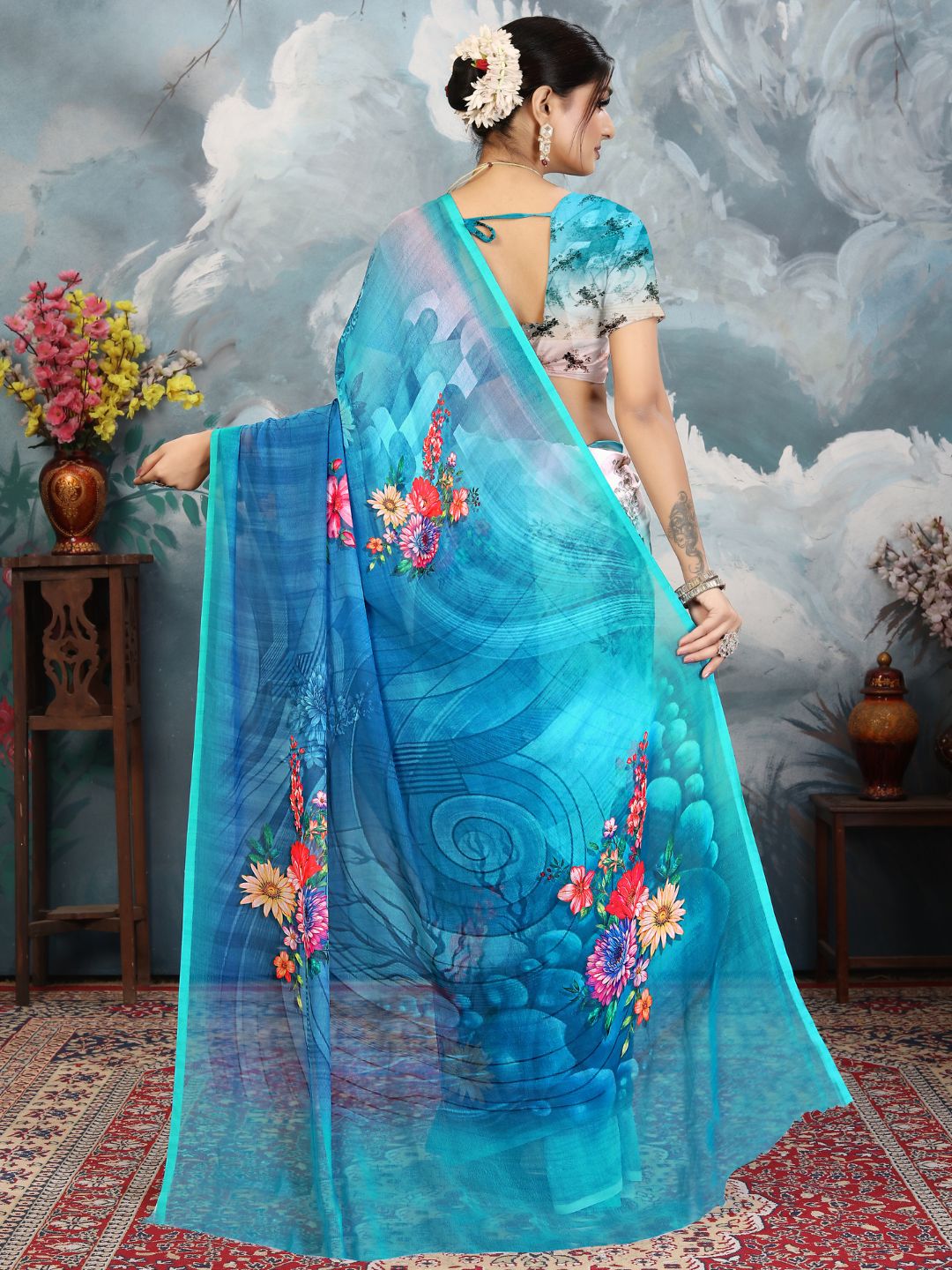 ZAMUNA Blue Georgette Floral Digital Print Saree with Blouse Piece – Stunning Evening & Celebration Wear
