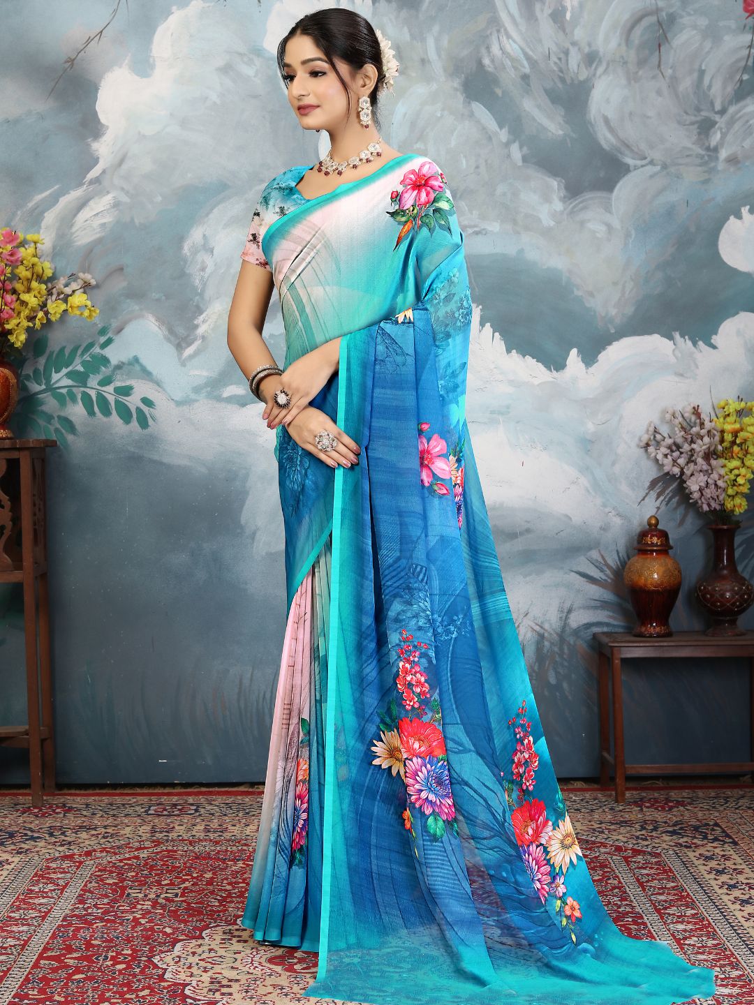 ZAMUNA Blue Georgette Floral Digital Print Saree with Blouse Piece – Stunning Evening & Celebration Wear