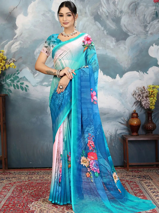 ZAMUNA Blue Georgette Floral Digital Print Saree with Blouse Piece – Stunning Evening & Celebration Wear