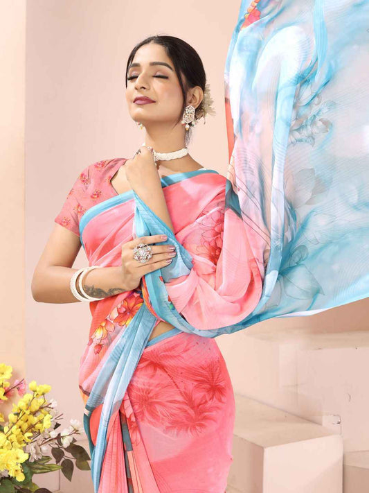 ZAMUNA Blue Georgette Floral Digital Print Saree with Blouse Piece – Stylish Party & Celebration Saree