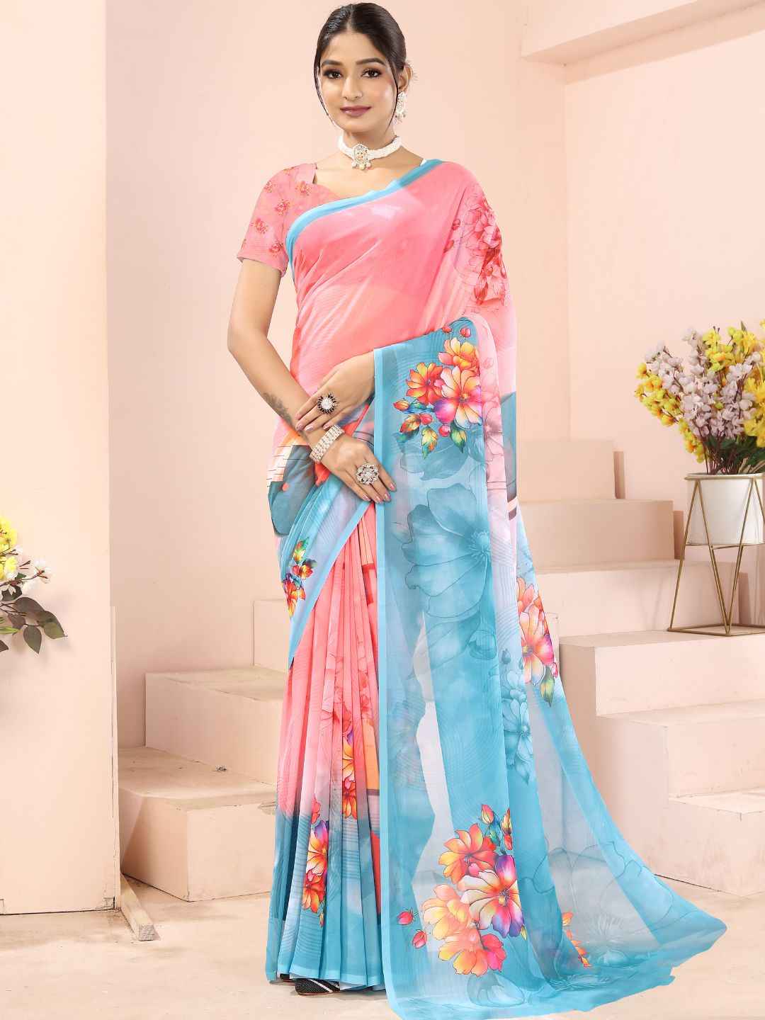 ZAMUNA Blue Georgette Floral Digital Print Saree with Blouse Piece – Stylish Party & Celebration Saree