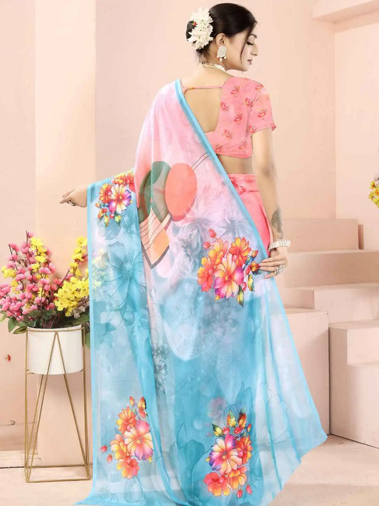 ZAMUNA Blue Georgette Floral Digital Print Saree with Blouse Piece – Stylish Party & Celebration Saree
