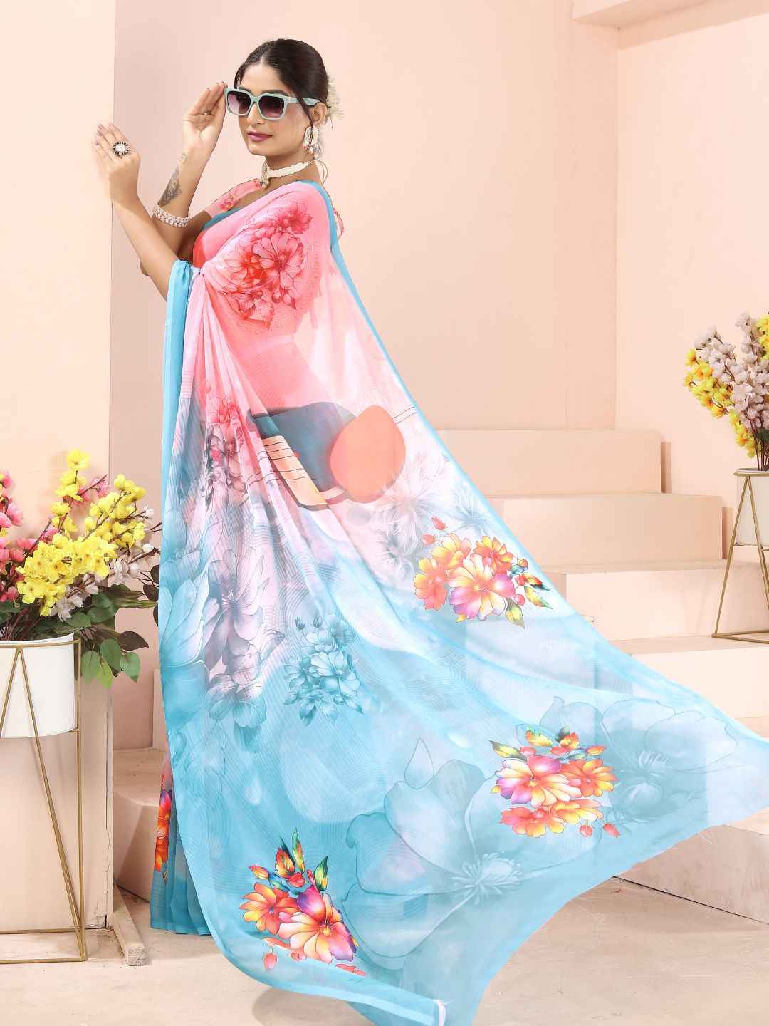 ZAMUNA Blue Georgette Floral Digital Print Saree with Blouse Piece – Stylish Party & Celebration Saree