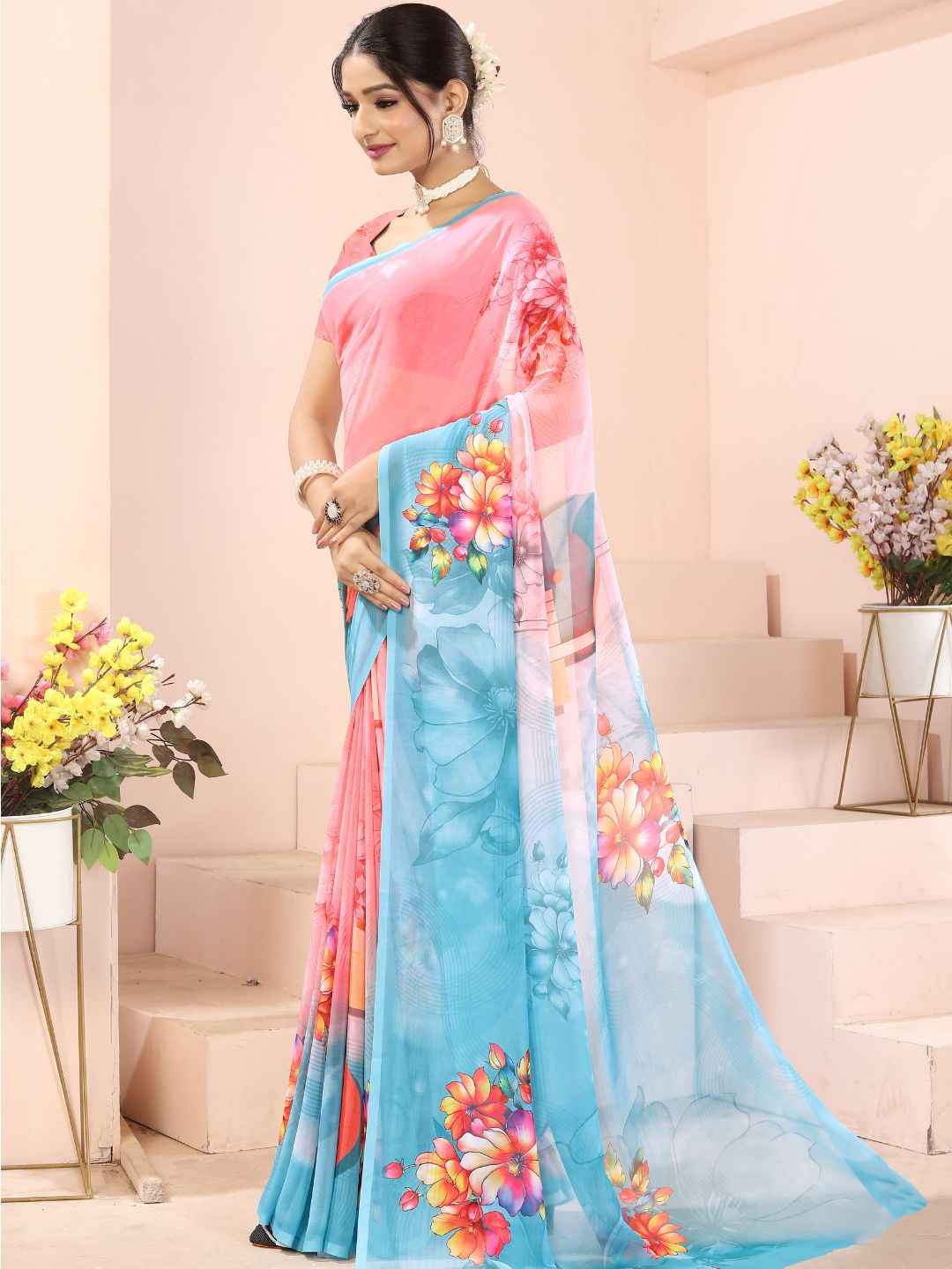 ZAMUNA Blue Georgette Floral Digital Print Saree with Blouse Piece – Stylish Party & Celebration Saree