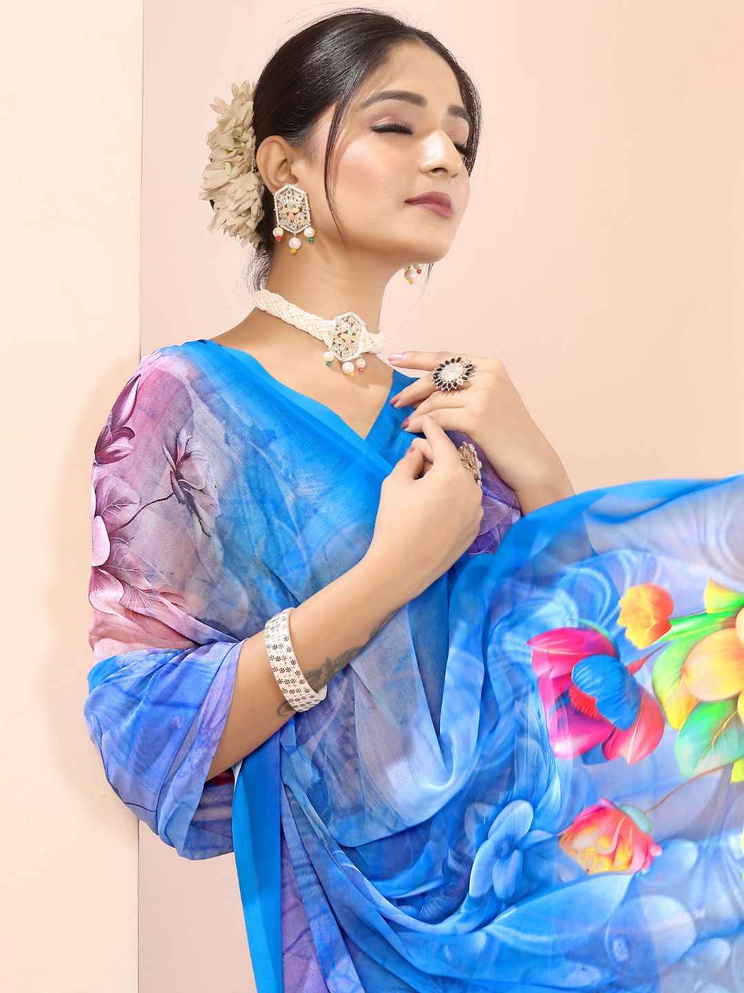 ZAMUNA Blue Georgette Floral Digital Print Saree with Blouse Piece – Timeless Festive & Wedding Wear