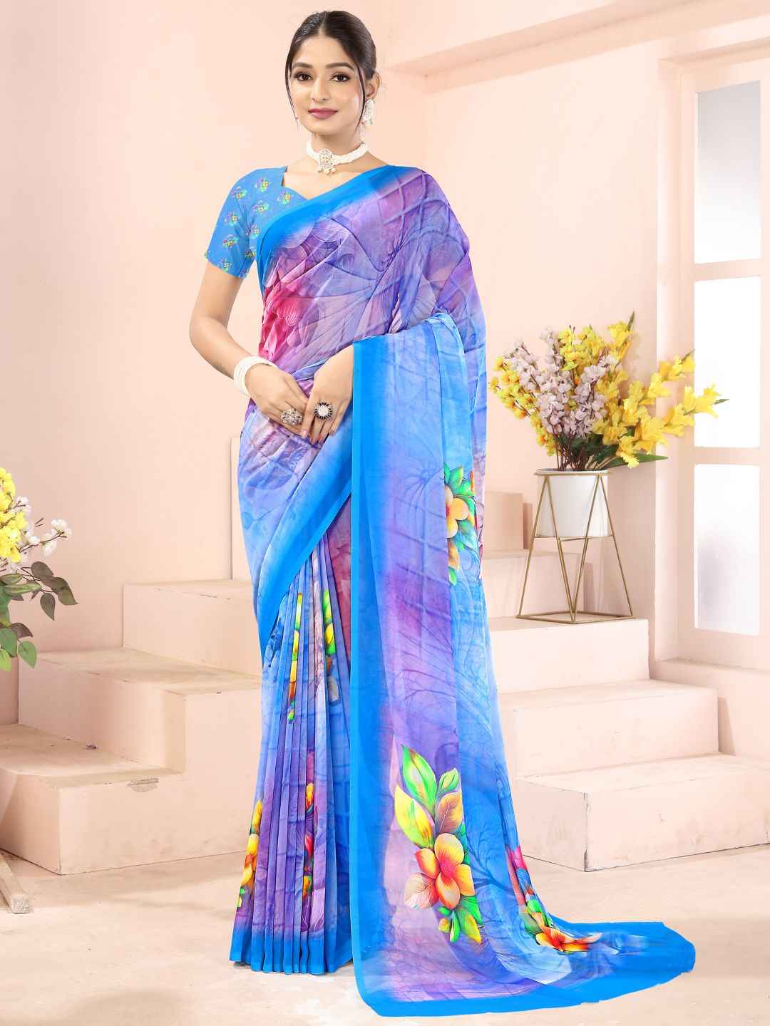 ZAMUNA Blue Georgette Floral Digital Print Saree with Blouse Piece – Timeless Festive & Wedding Wear