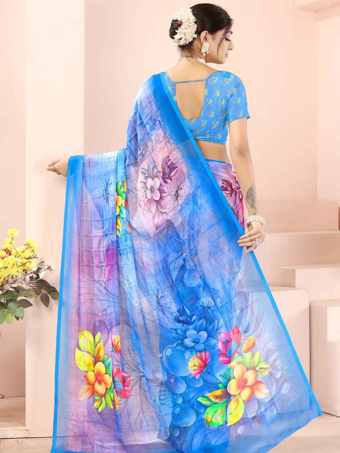 ZAMUNA Blue Georgette Floral Digital Print Saree with Blouse Piece – Timeless Festive & Wedding Wear