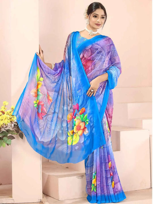 ZAMUNA Blue Georgette Floral Digital Print Saree with Blouse Piece – Timeless Festive & Wedding Wear