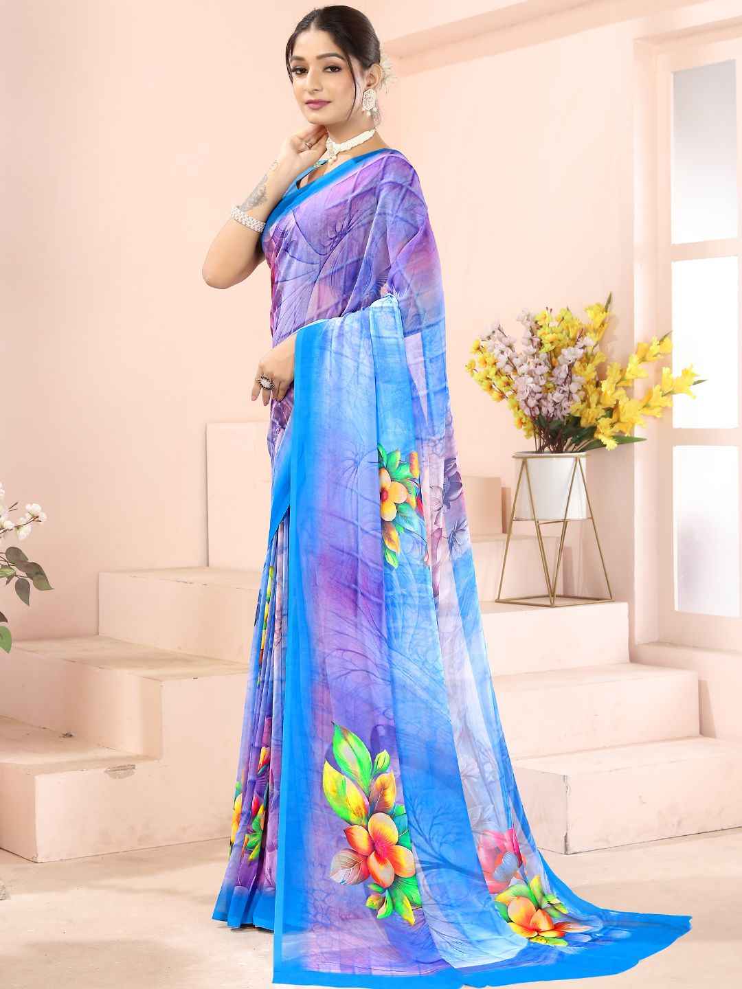 ZAMUNA Blue Georgette Floral Digital Print Saree with Blouse Piece – Timeless Festive & Wedding Wear