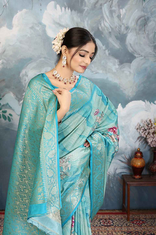 ZAMUNA Blue Silk Kanjivaram Digital Print Saree with Blouse Piece – Royal Wedding & Festive Wear