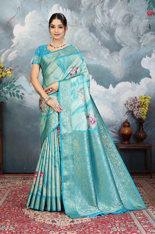 ZAMUNA Blue Silk Kanjivaram Digital Print Saree with Blouse Piece – Royal Wedding & Festive Wear
