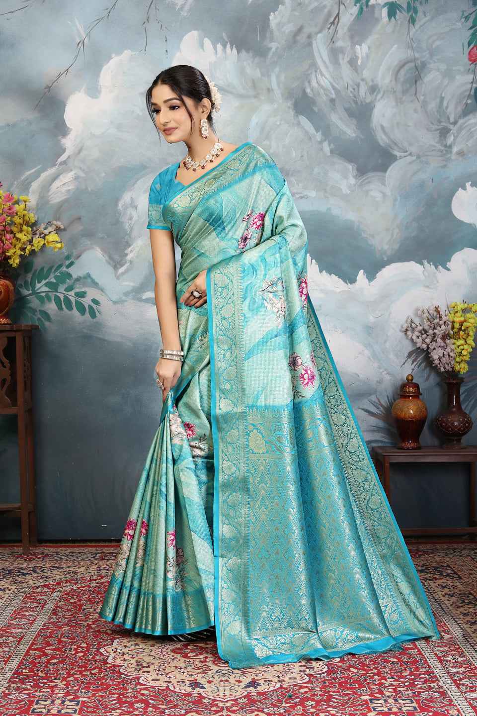 ZAMUNA Blue Silk Kanjivaram Digital Print Saree with Blouse Piece – Royal Wedding & Festive Wear