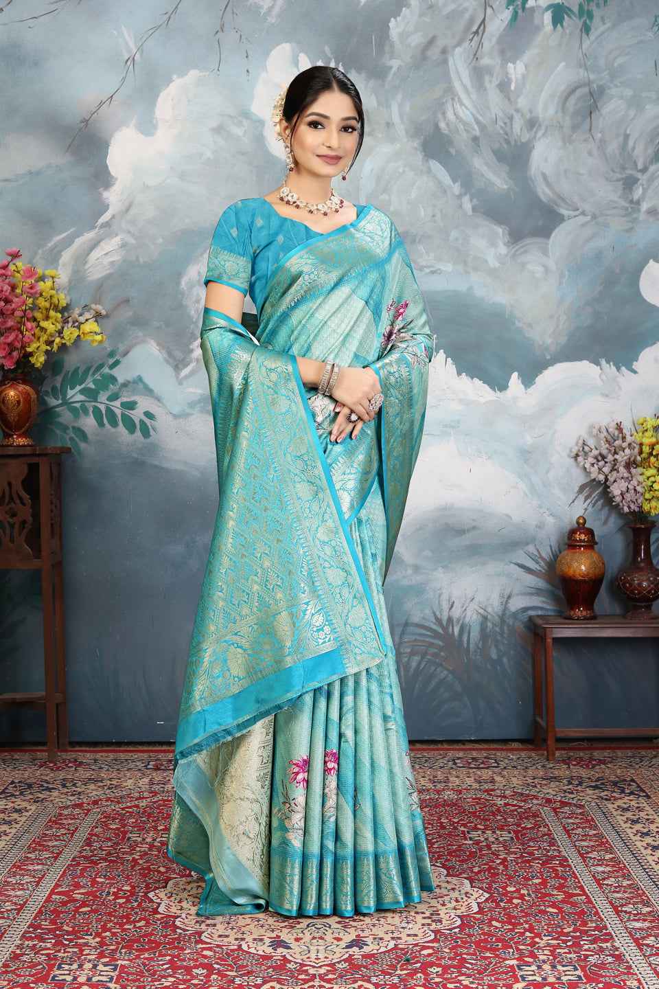 ZAMUNA Blue Silk Kanjivaram Digital Print Saree with Blouse Piece – Royal Wedding & Festive Wear