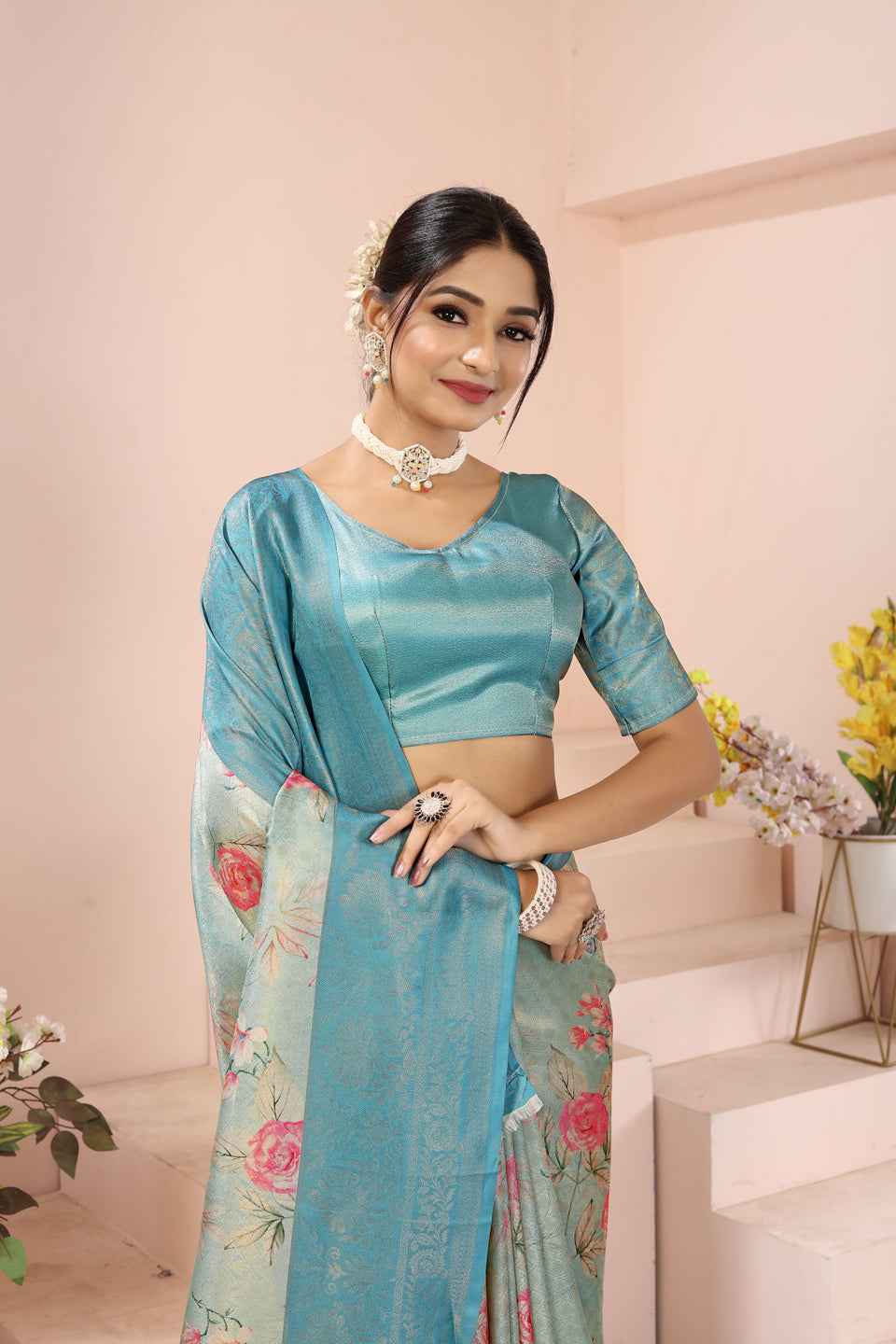 ZAMUNA Blue Silk Woven Digital Print Saree with Blouse Piece – Classic Wedding Saree