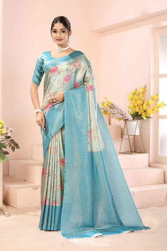 ZAMUNA Blue Silk Woven Digital Print Saree with Blouse Piece – Classic Wedding Saree