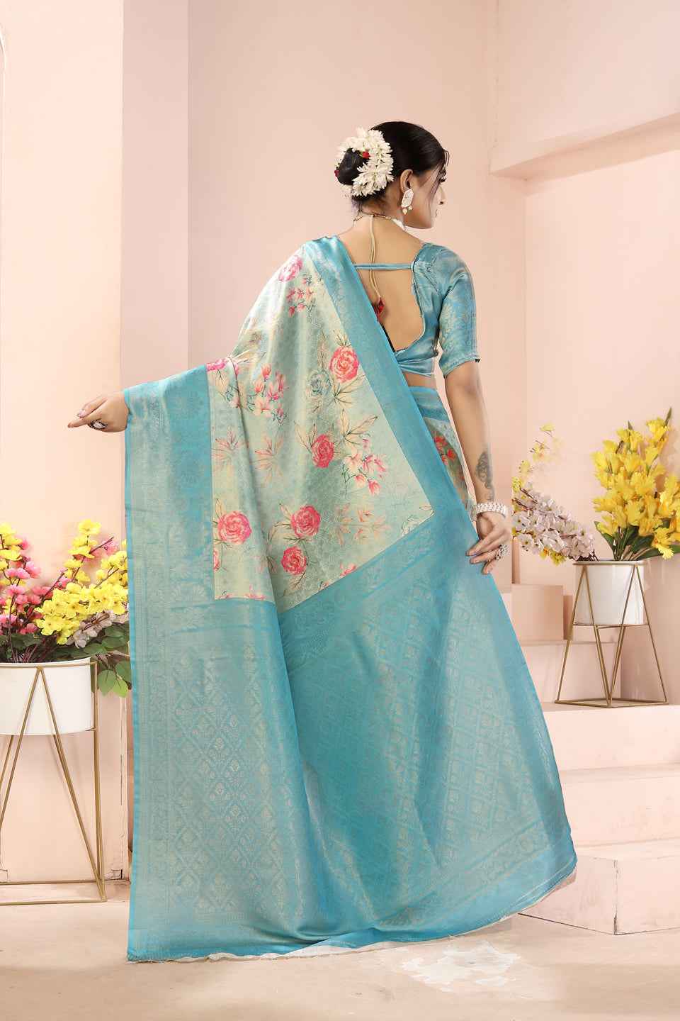 ZAMUNA Blue Silk Woven Digital Print Saree with Blouse Piece – Classic Wedding Saree