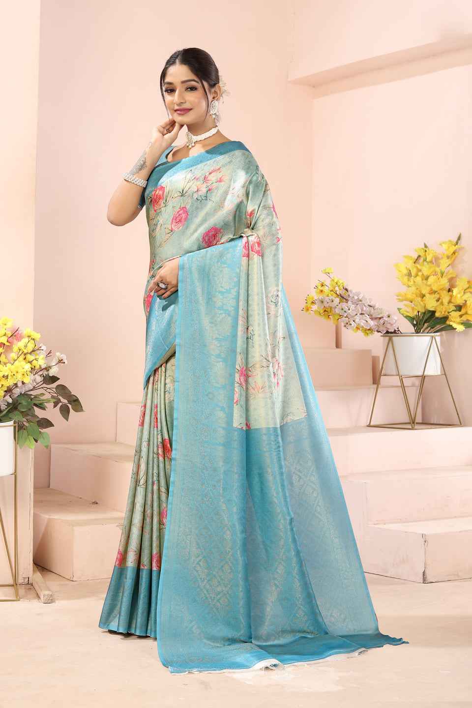 ZAMUNA Blue Silk Woven Digital Print Saree with Blouse Piece – Classic Wedding Saree
