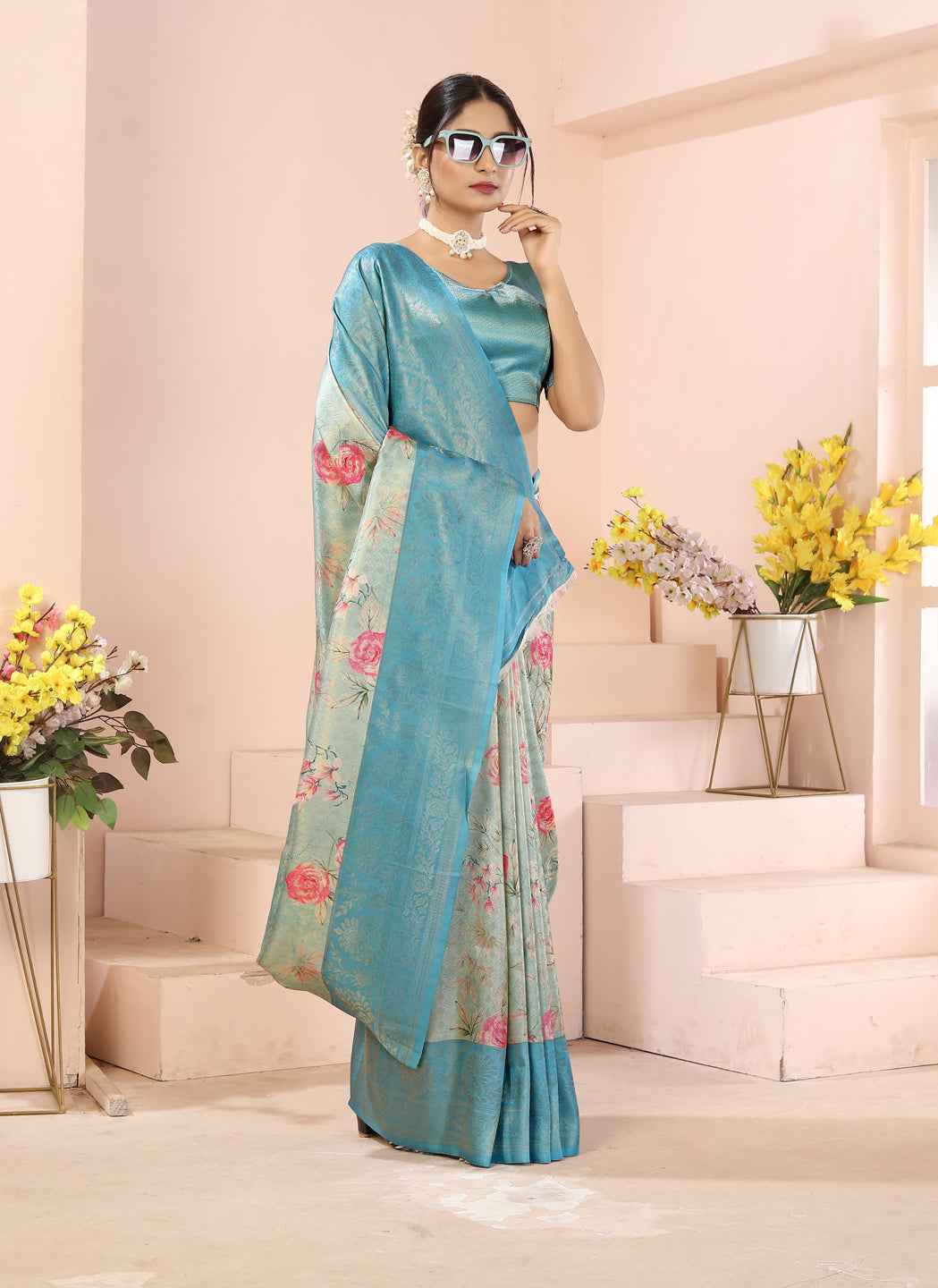 ZAMUNA Blue Silk Woven Digital Print Saree with Blouse Piece – Classic Wedding Saree