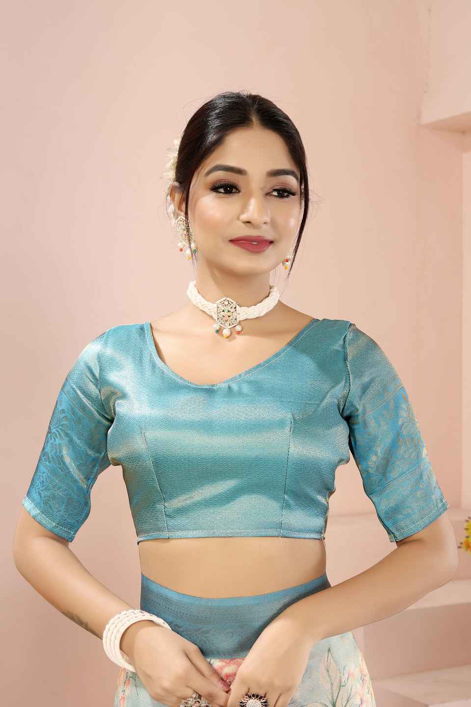 ZAMUNA Blue Silk Woven Digital Print Saree with Blouse Piece – Classic Wedding Saree