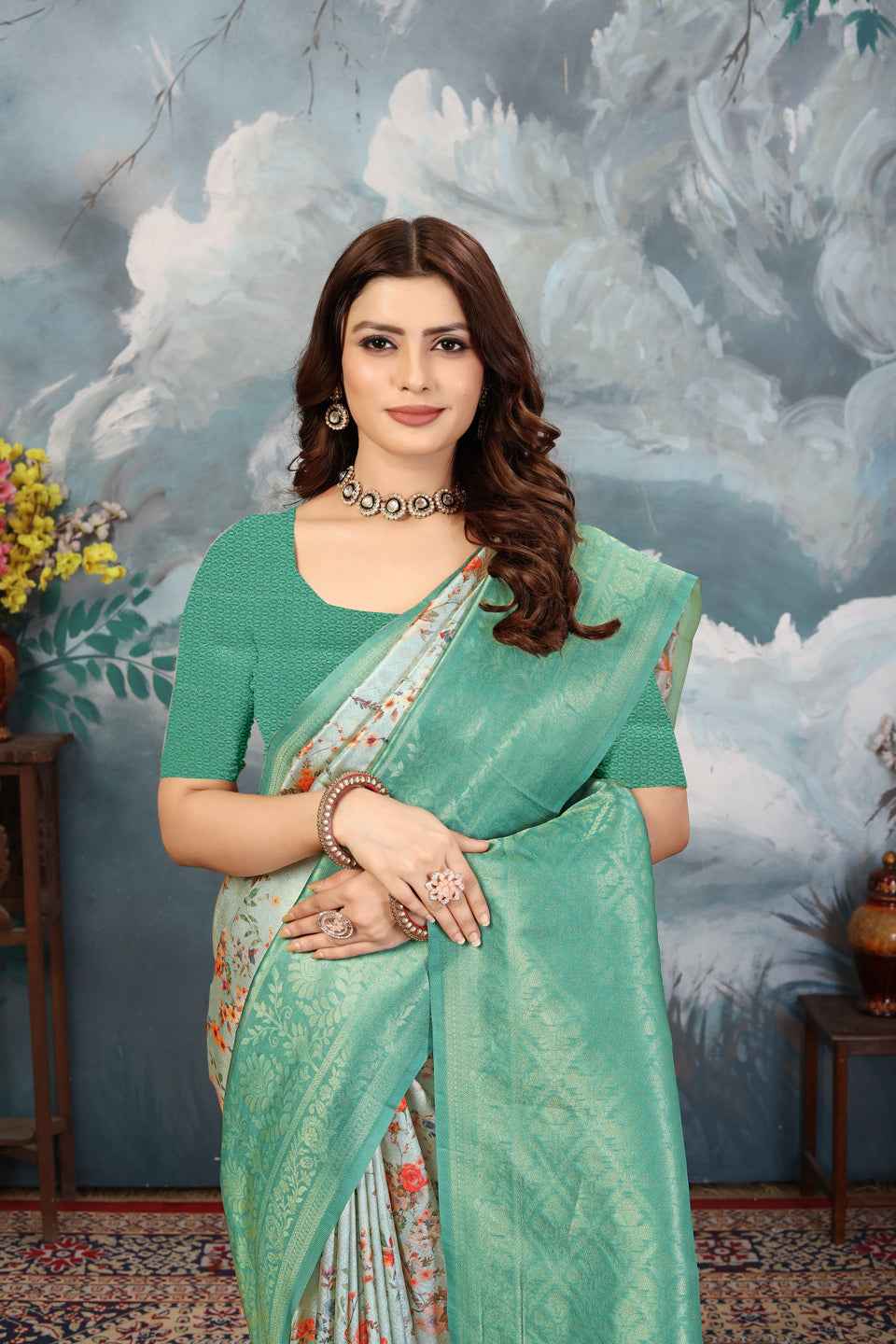 ZAMUNA Blue Silk Woven Digital Print Saree with Blouse Piece – Royal Party & Wedding Wear