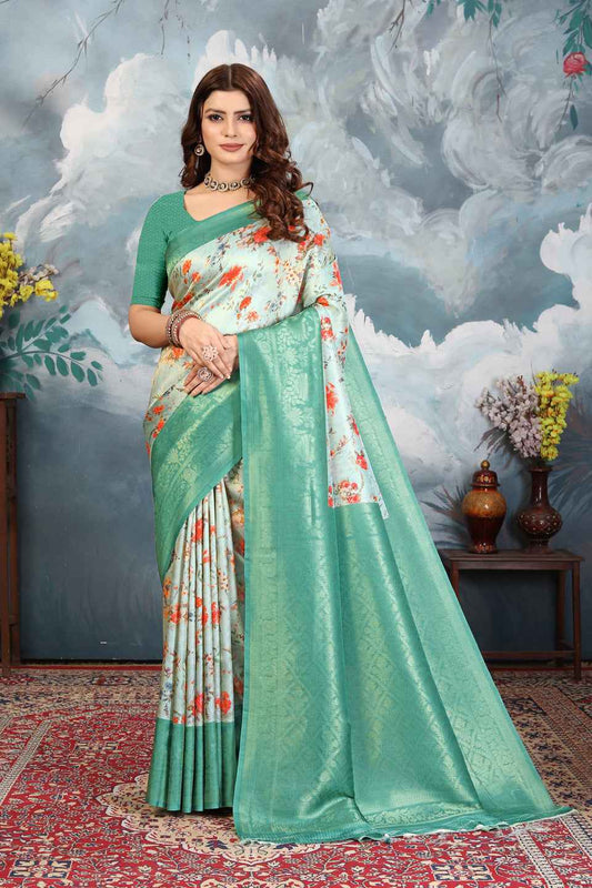 ZAMUNA Blue Silk Woven Digital Print Saree with Blouse Piece – Royal Party & Wedding Wear