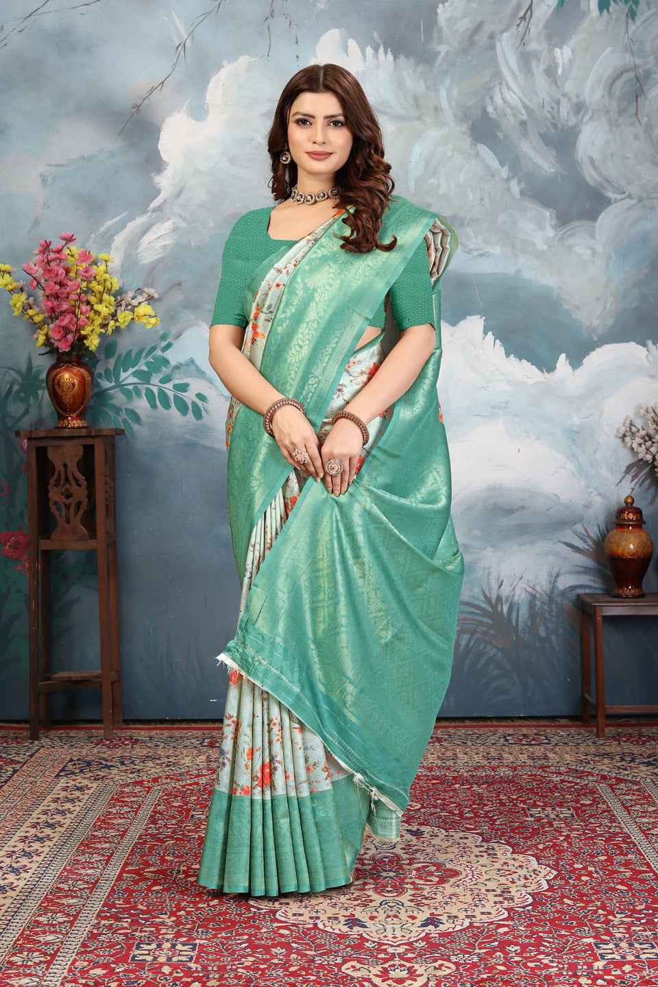 ZAMUNA Blue Silk Woven Digital Print Saree with Blouse Piece – Royal Party & Wedding Wear