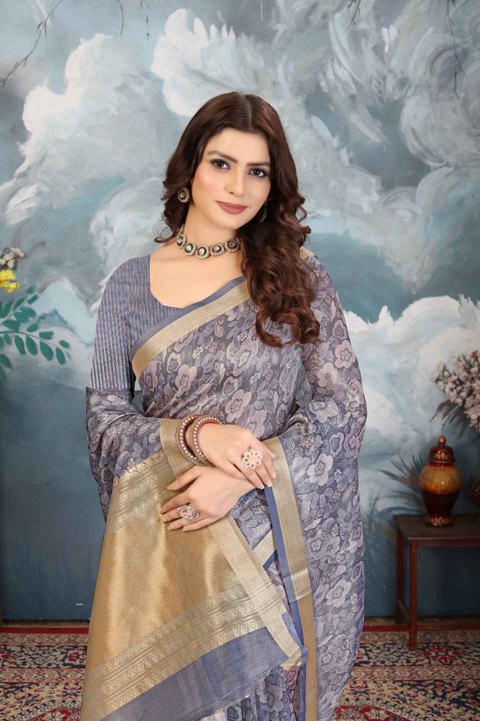 ZAMUNA Blue Tissue Woven Floral Digital Print Saree with Blouse Piece – Elegant Party & Festive Look