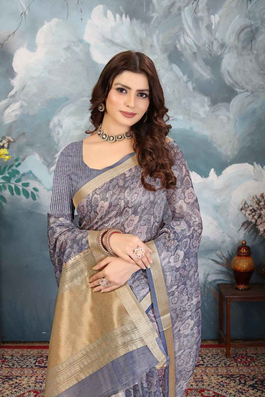 ZAMUNA Blue Tissue Woven Floral Digital Print Saree with Blouse Piece – Elegant Party & Festive Look