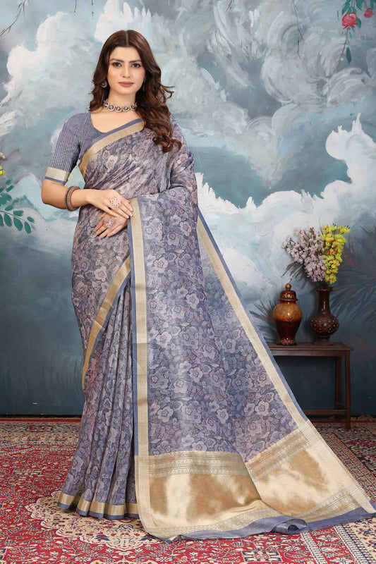 ZAMUNA Blue Tissue Woven Floral Digital Print Saree with Blouse Piece – Elegant Party & Festive Look