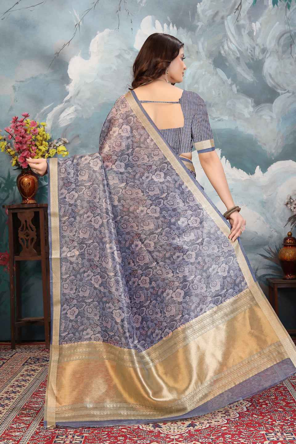 ZAMUNA Blue Tissue Woven Floral Digital Print Saree with Blouse Piece – Elegant Party & Festive Look