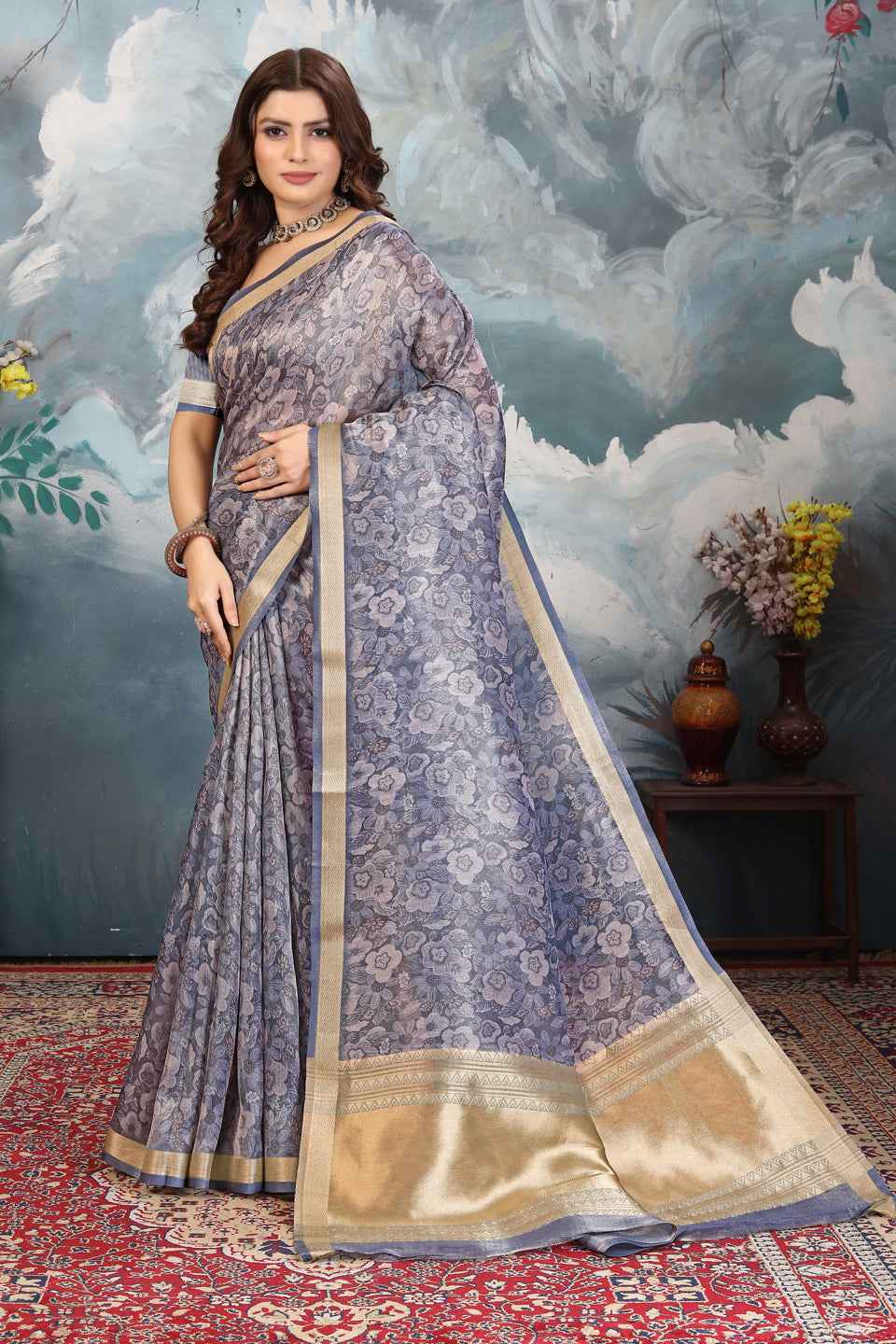 ZAMUNA Blue Tissue Woven Floral Digital Print Saree with Blouse Piece – Elegant Party & Festive Look