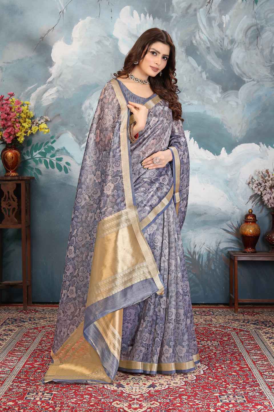 ZAMUNA Blue Tissue Woven Floral Digital Print Saree with Blouse Piece – Elegant Party & Festive Look