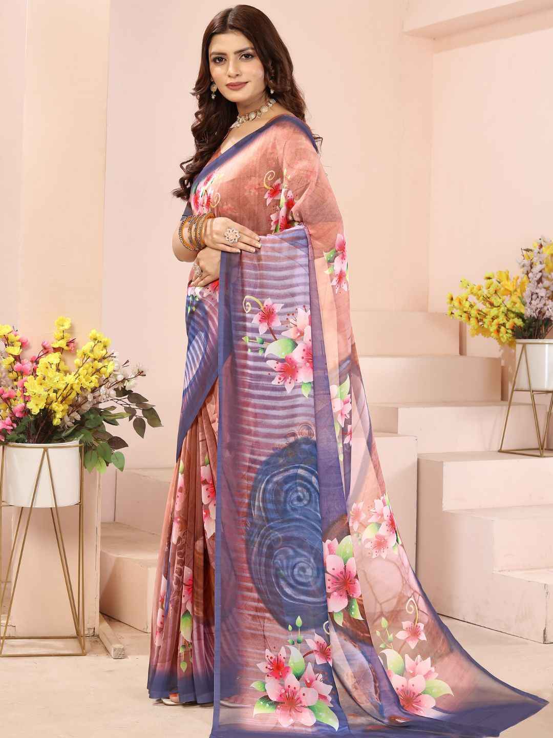 ZAMUNA Brown Georgette Floral Digital Print Saree with Blouse Piece – Earthy Tones for Wedding & Festive Wear